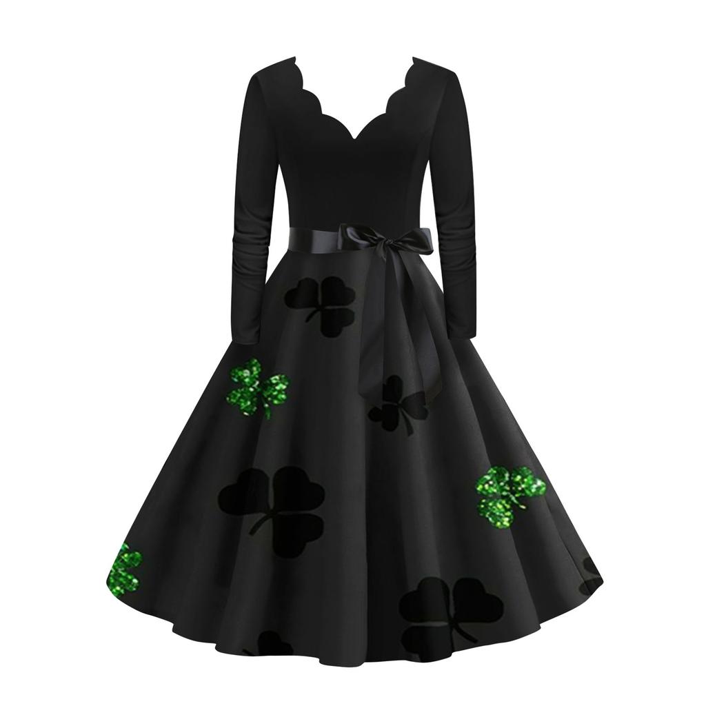 Women's Vintage Classic Dress Long Sleeve St. Patrick's Day Print V-neck Swing Dress