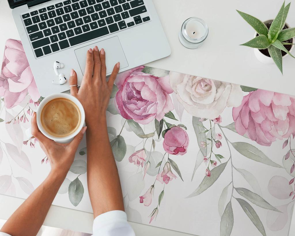 Stylish Vinyl Computer Mat Pastel Flowers and Leaves 100x50 cm