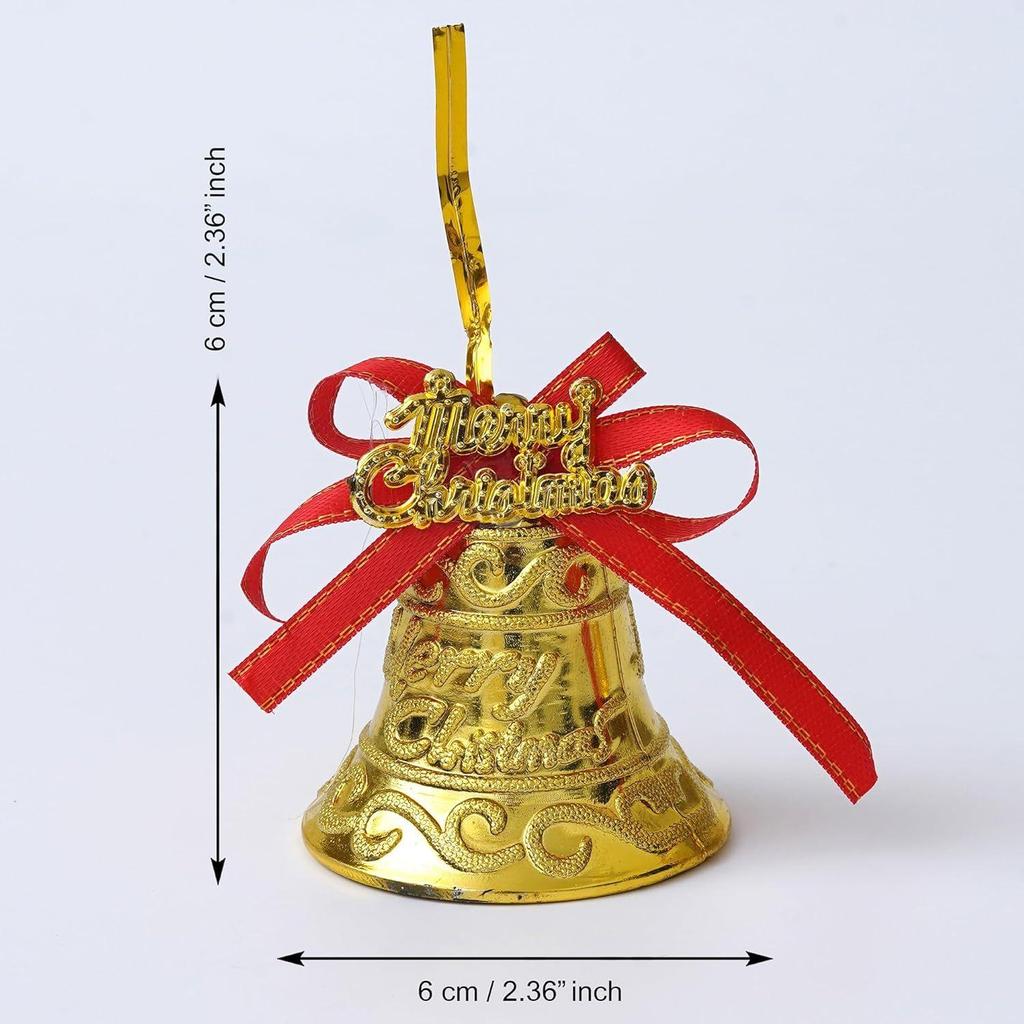 Merry Christmas Bells (Set of 6) Golden Jingle Bells with Red Ribbon | Christmas Tree Decoration Items