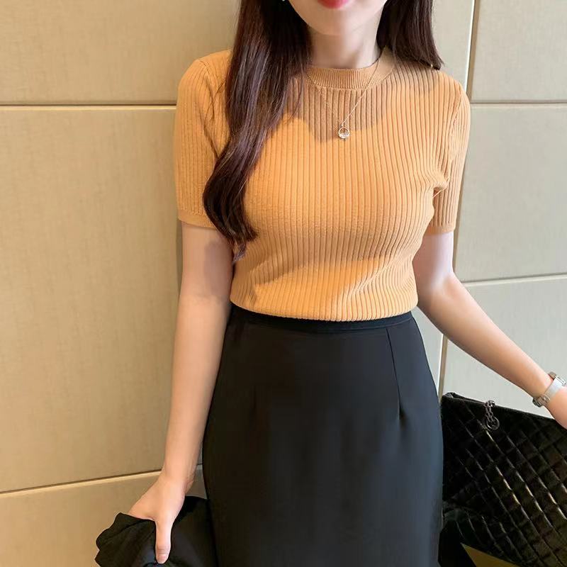 Модные новые летние короткие рукава черно-белые вязаные свитера пуловеры женские топы с круглым вырезом тонкий вязаный женский свитер пуловер JJ31