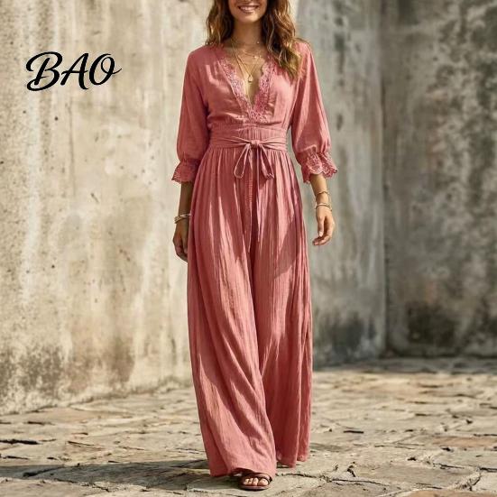 Daily Wear Lace Dress Women V-Neck for Fall, 3/4 Sleeves Maxi with Solid Color Belt, Loose Casual Long Vacation Three Quarter Sleeve