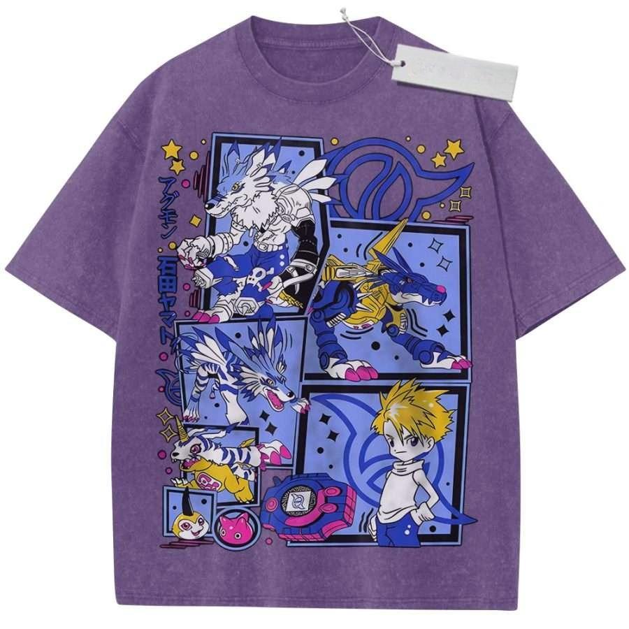 Summer Mens Beige Washed T Shirt Digimon Adventure Agumon Gabumon Takeru High Quality Fabric for Casual Shopping