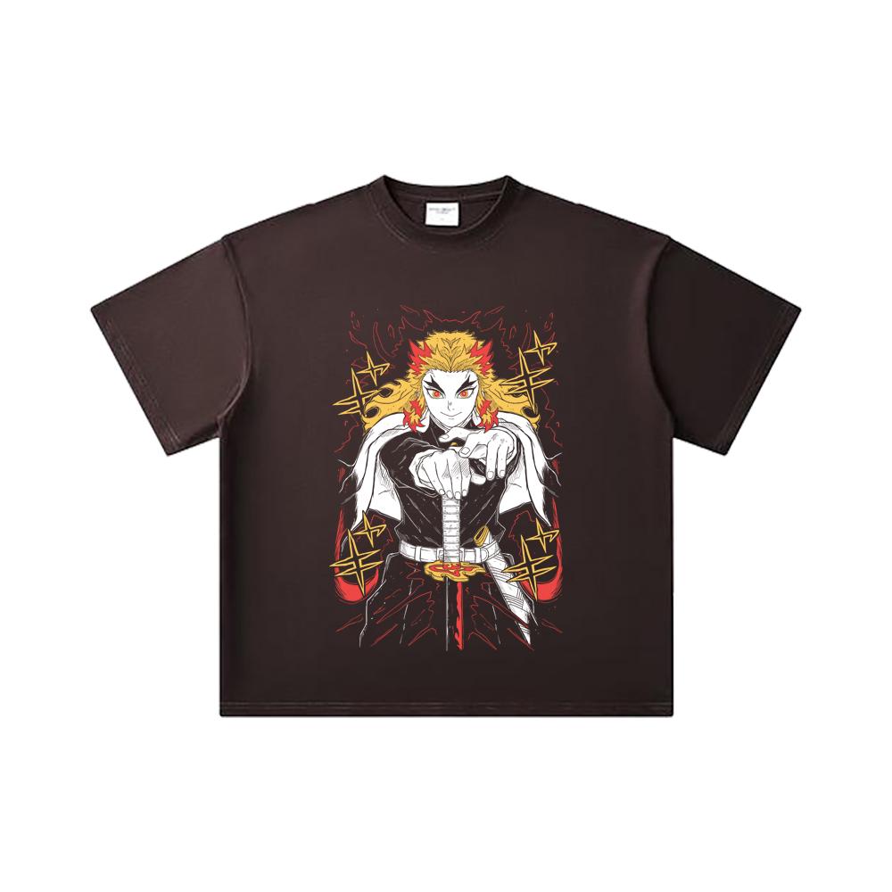 260 GSM Double Yarn 32 Count 100% Cotton Demon Slayer V43 Rengoku Print Unisex Heavy Cotton T Shirt