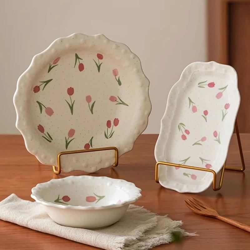 Креативная милая керамическая тарелка в виде тюльпана, легкая, роскошная, ресторанная, изысканная, глубокая тарелка для домашнего чаепития, десерта, фруктов