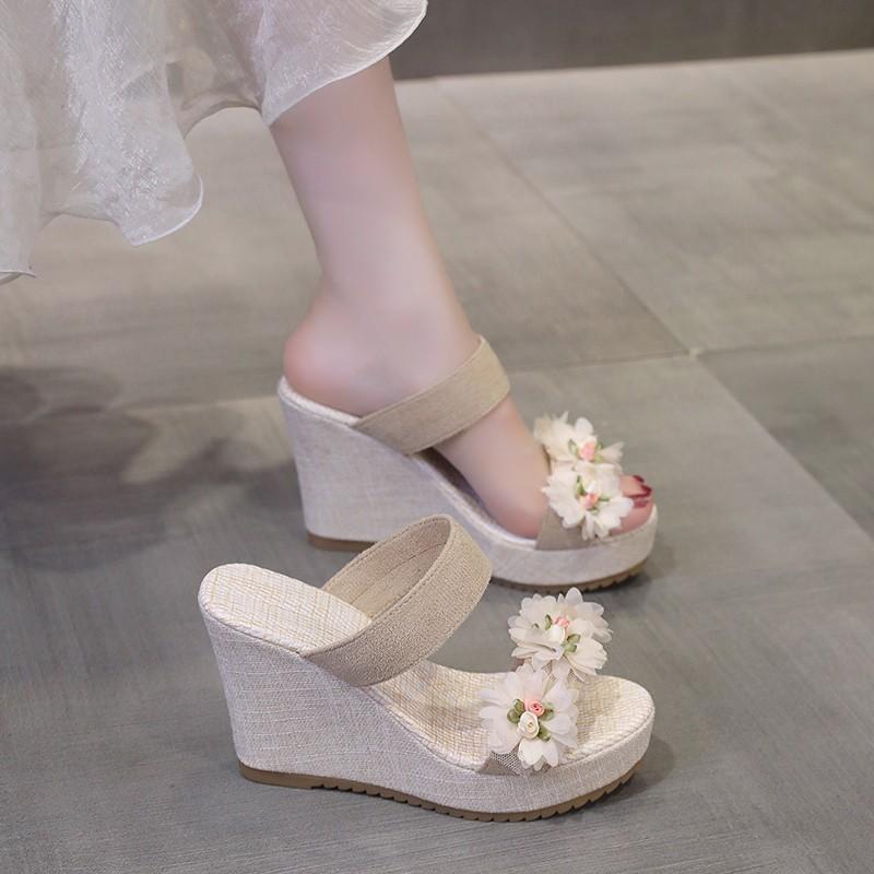 2024 Hot Selling Summer Women's Shoes Fashion Open Toe Large Size Cloth Flower Decorated Women's Super High Heel Slippers