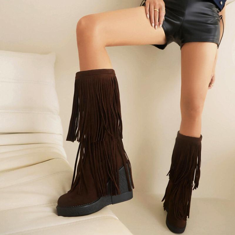 Женские сапоги Tassel Winter New Bohemian Flocking Monica Design Сапоги до середины голени Теплые сапоги на молнии на платформе с подкладкой из плюша Высокие сапоги до колена