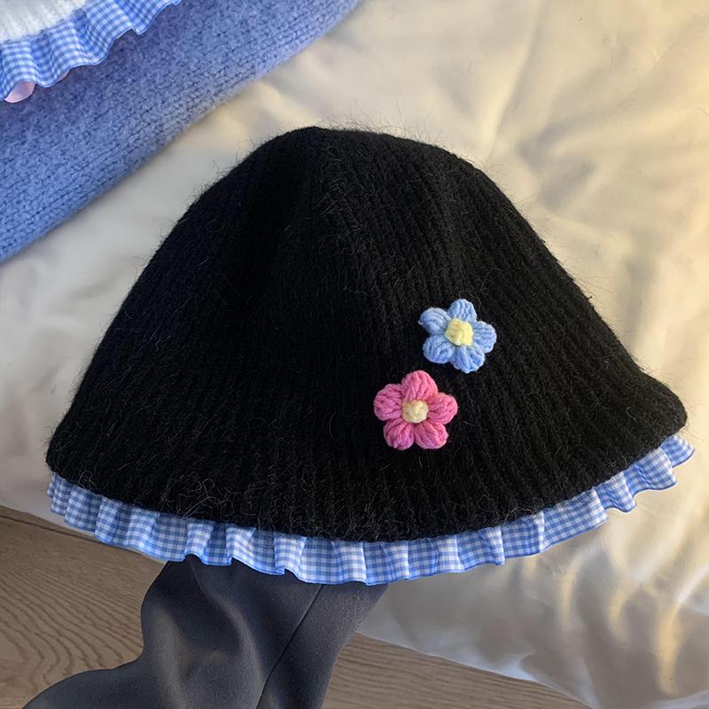 Милая плюшевая шляпа-ведро с цветком, женская осенне-зимняя теплая универсальная вязаная шапка с изображением лица, маленькая шерстяная шапка прилив