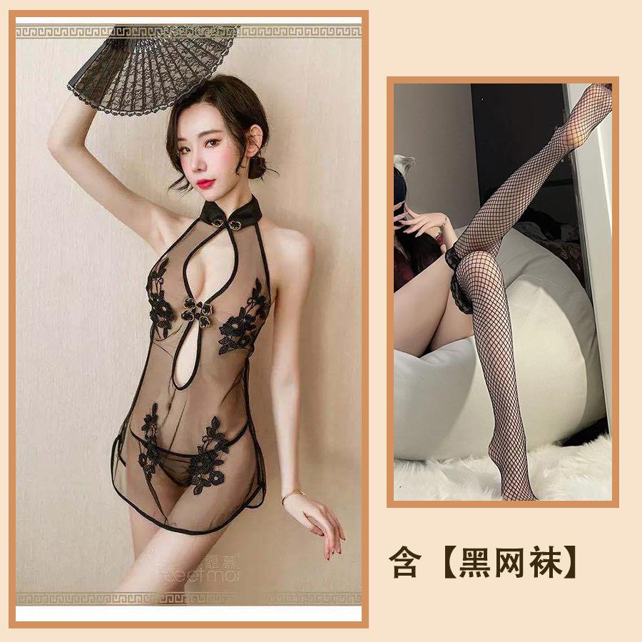 Sex lingerie sexy cheongsam women's transparent lace nightdress blood drops tease passion seduction suit