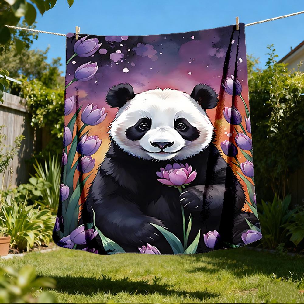 1pc Panda Flower Throw Blanket Polyester Fiber, Lightweight Flannel, Soft & Warm, All Season Use for Outdoor, Camping Digital Print
