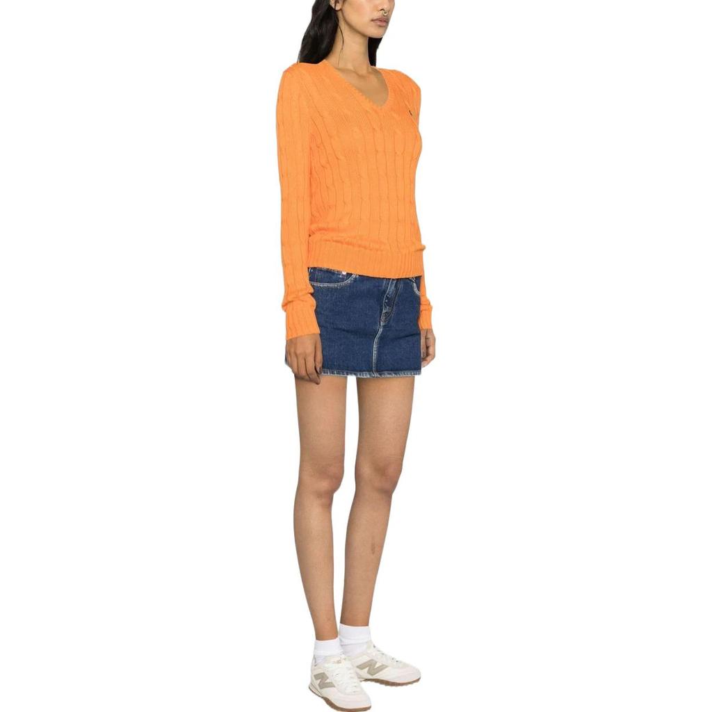 Женский свитер Polo Ralph Lauren SS23 с логотипом жаккардовой вязки в рубчик, с круглым вырезом, оранжевый 211891641-008