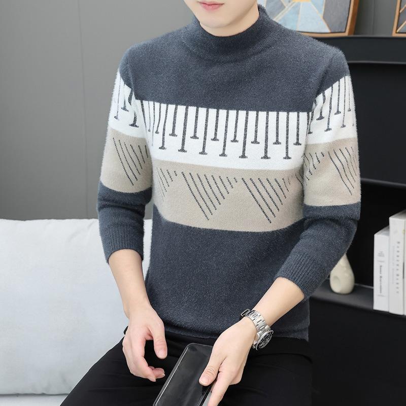 Hot Sale, Autumn and Winter New Printed Semi-turtleneck Sweater Men's Bottom Knitted Sweater Sweater