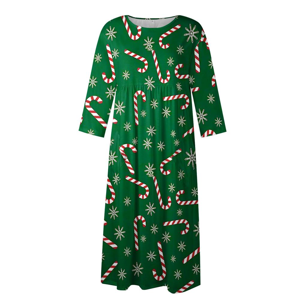 Women's Casual Round Neck Christmas Print Midi Dress Long Sleeve Pocket Dress