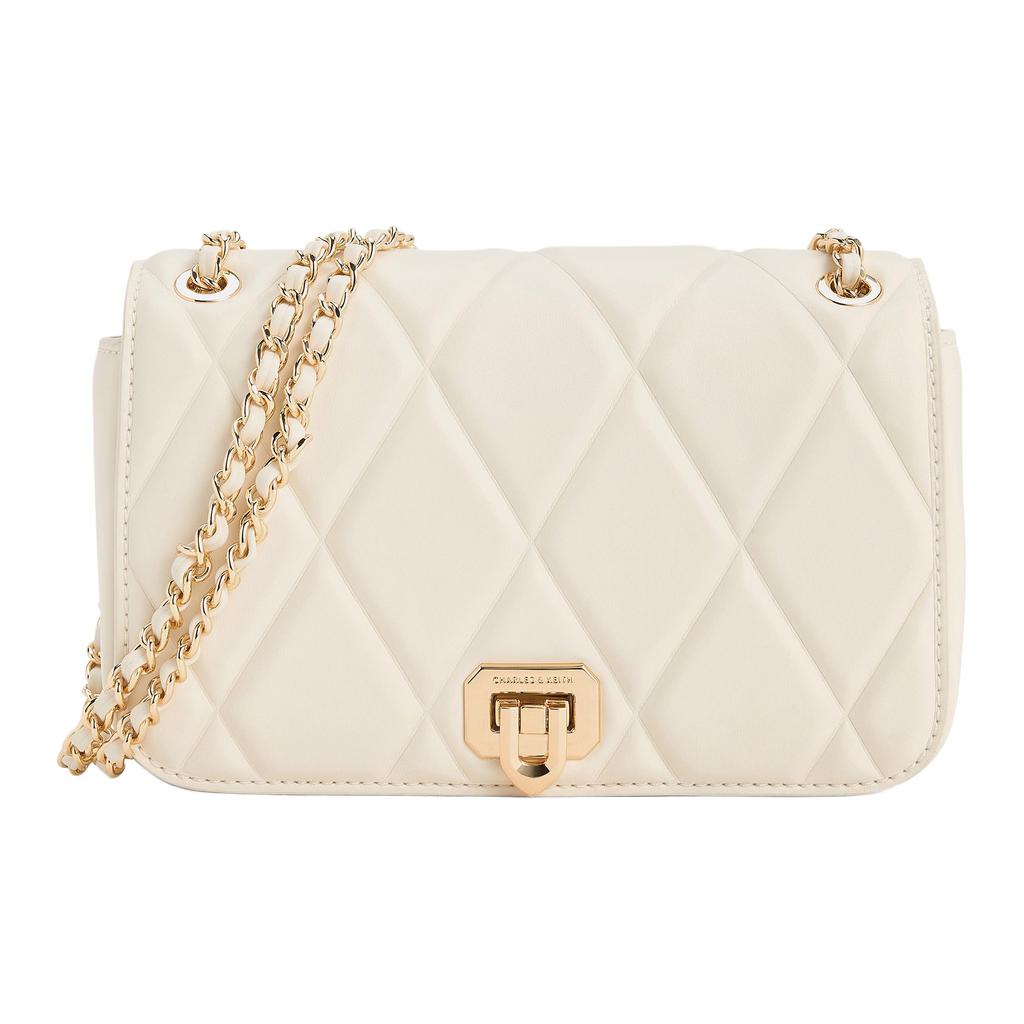 Charles & Keith Fashion Quilted Chain PU Crossbody Bag Small Women bags Cream Black Light-Pink CK2-20671747