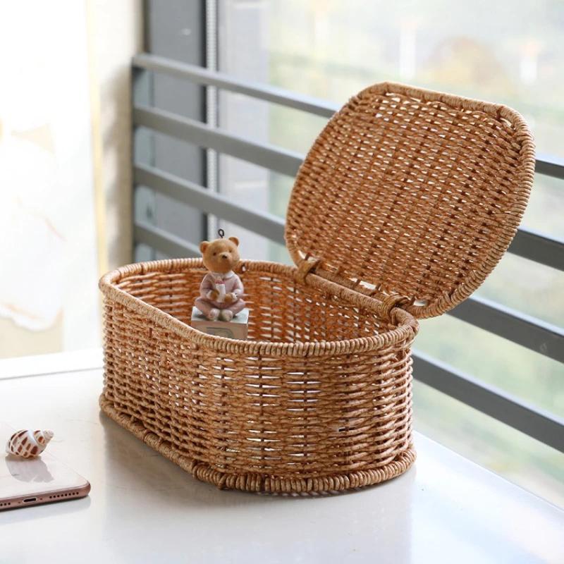Богемная корзина для хранения из искусственного ротанга - Плетеная коробка для хранения, Пыленепроницаемая подставка для столовых приборов, Корзина для домашнего декора, Кухонный органайзер