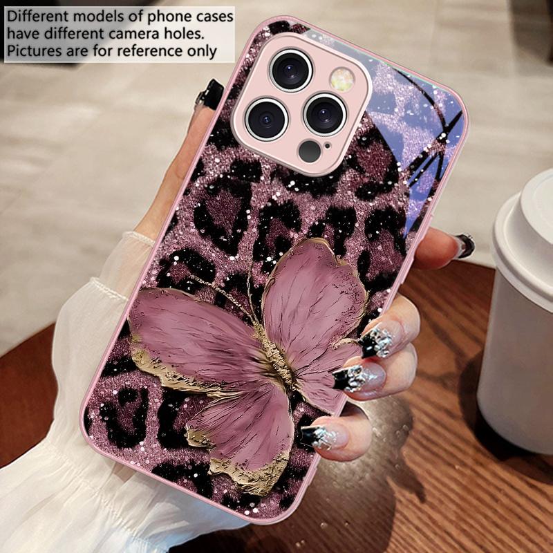 Леопардовая фиолетовая бабочка для IPhone 16 Pro Max 15 Pro 14 13 12 Mini 11 XS Max XR 7 8 Plus SE 2022 Закаленное стекло Чехол для телефона