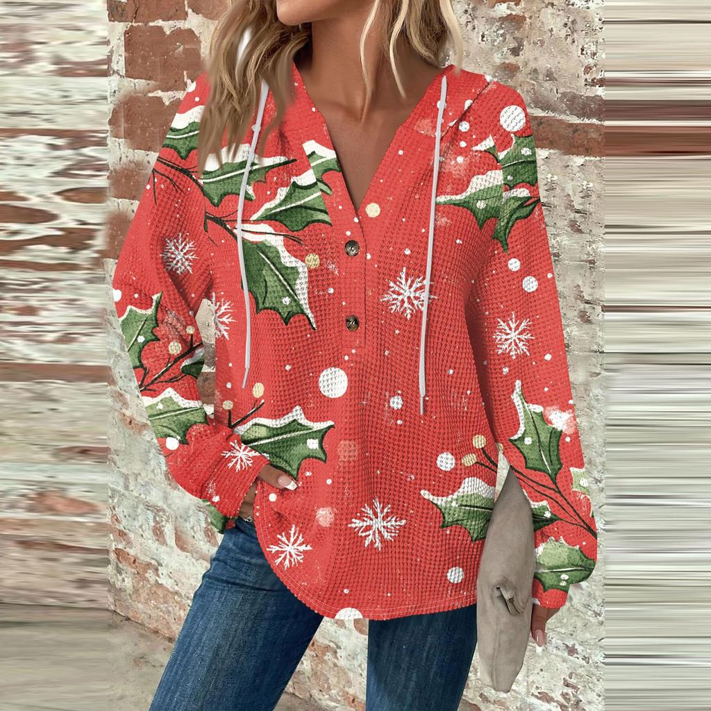 Women's Fashion Casual Long Sleeve  Drawstring Button V-Neck  Hooded Christmas Printed Sweatshirt Top