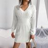 Women Autumn Winter High Waist Twist Wrap V Neck Long Sleeve Solid Color Hip Sweater Dress S-L