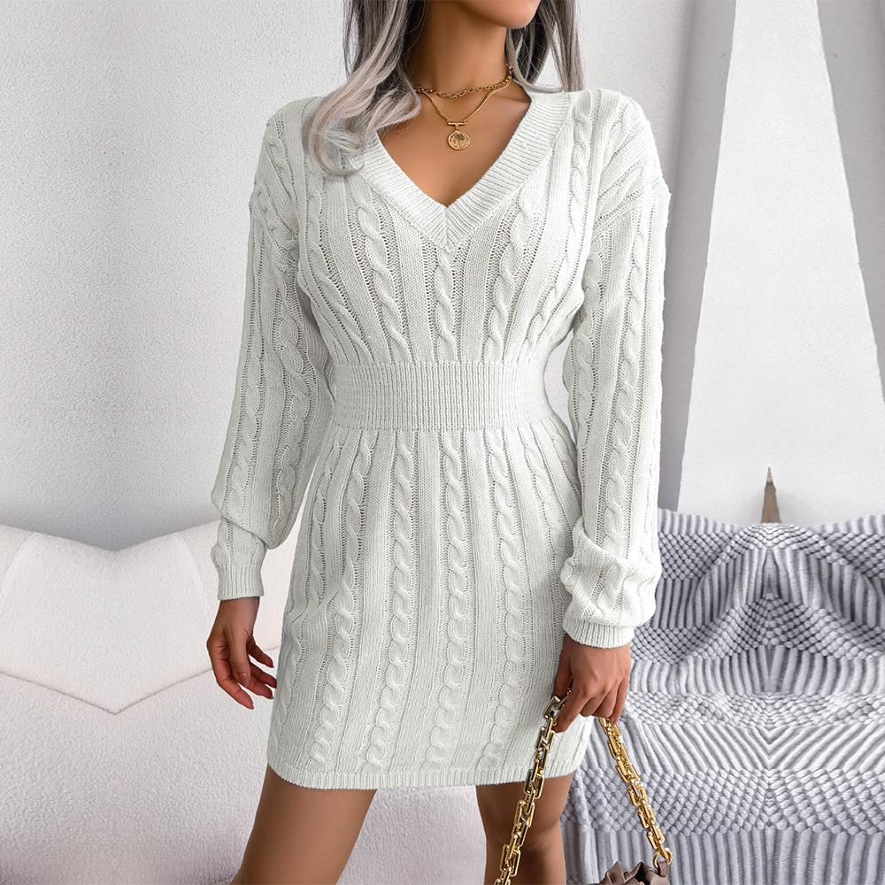 Women Autumn Winter High Waist Twist Wrap V Neck Long Sleeve Solid Color Hip Sweater Dress S-L