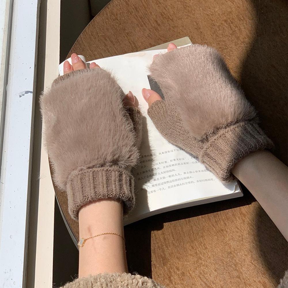 Warm Knitted Gloves Soft Plush Gloves Fashionable Half-Finger Gloves Women