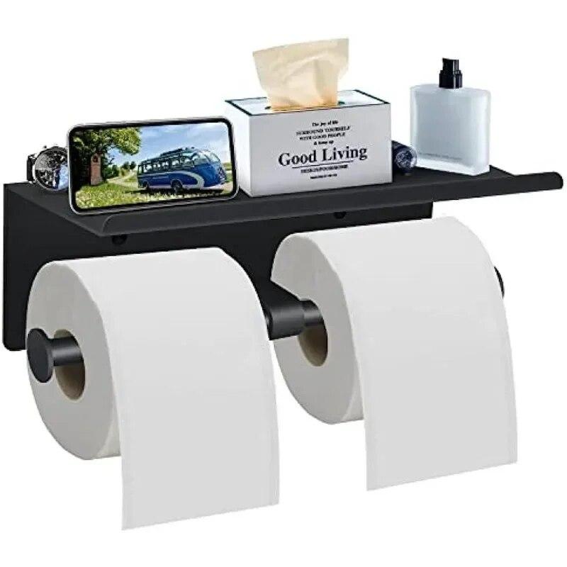 Stainless Steel Double Roll Tissue Holder Bathroom Wall Mounted Toilet Paper Holder Waterproof Space Tissue Storage Rack Shelf