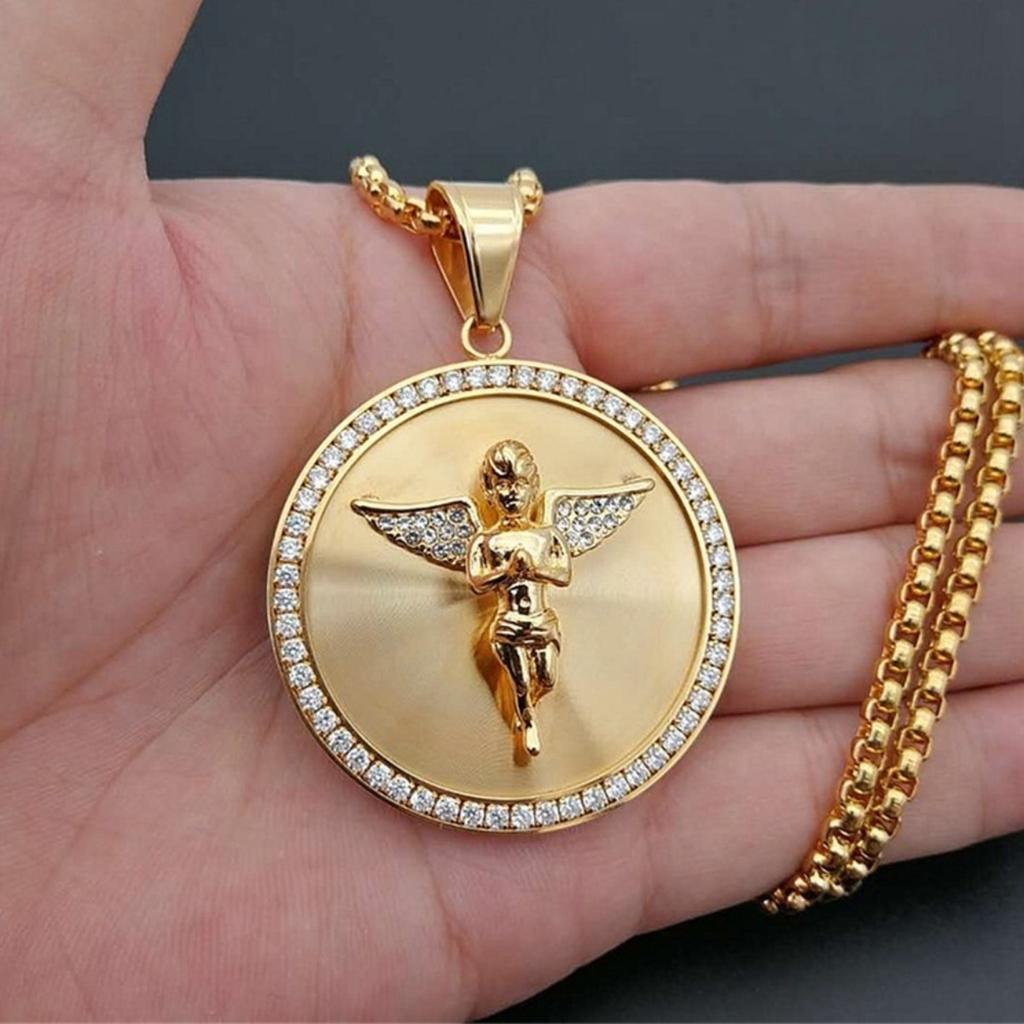 Hip Hop Angel Wings Pendant Necklace for Women Men Round Necklace Bling Jewelry