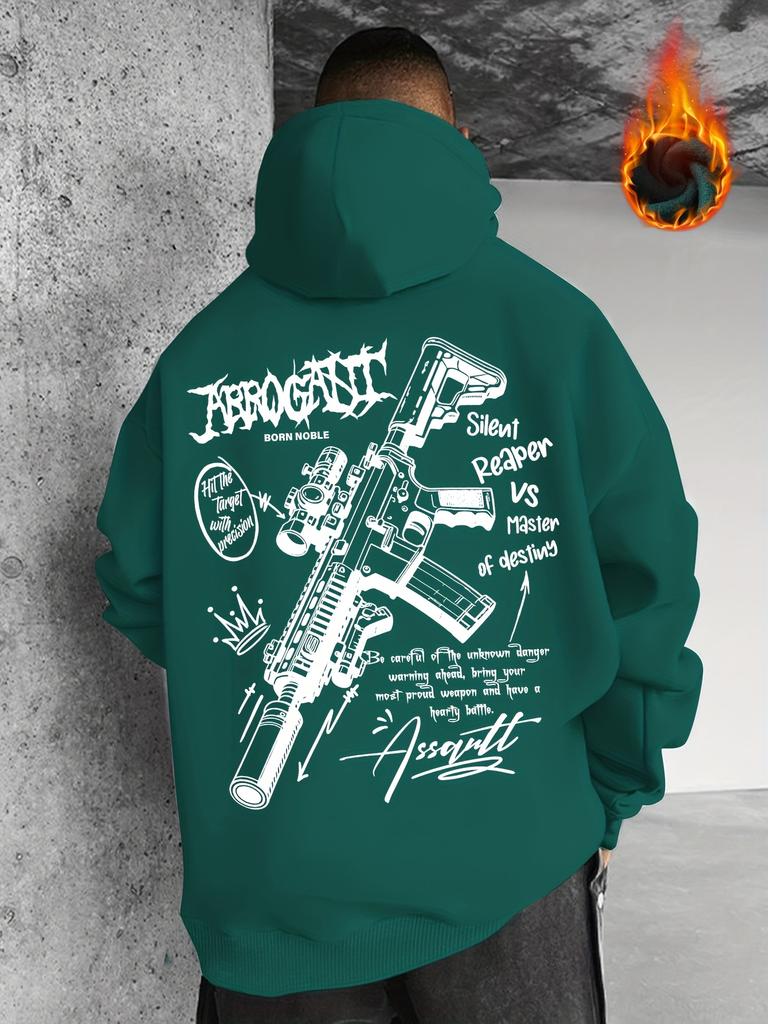 Тактический Эскиз Оружия Готический Шрифт Комбинированный Принт Мужская Hip Hop Спортивная Толстовка Уличное Оружие Граффити Графика на Спине Свободная Повседневная Толстовка