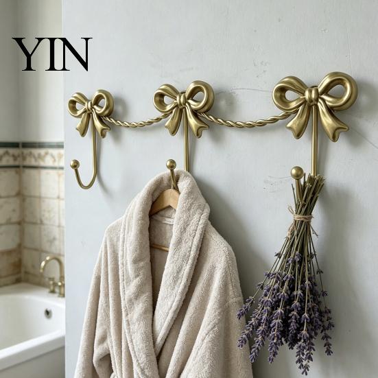 Retro Bedroom Wall Hook Iron Art Bow Triple Hook, Mounted Decorative Hanger, French Hanger Style Gold Metal Organizer for Entryway Bathroom And Three