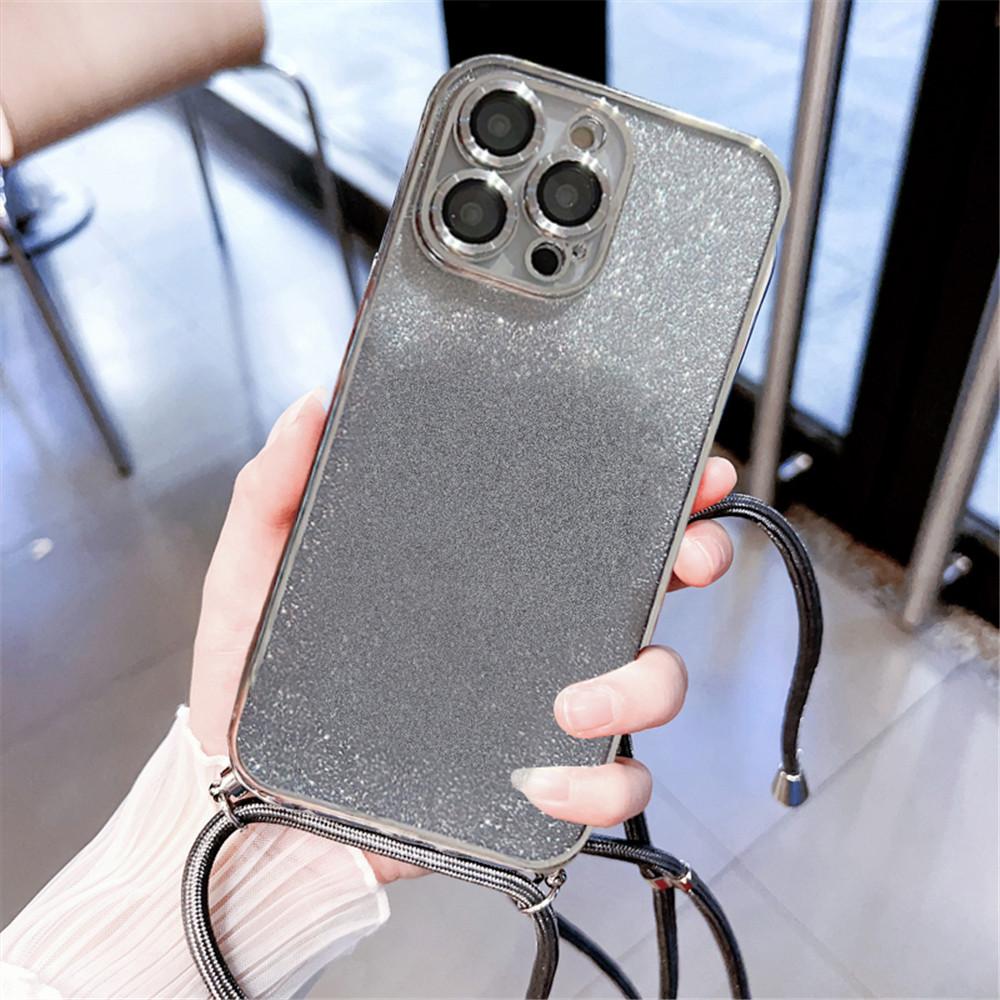 Чехол-шнурок через плечо с блестками для iPhone 15 14 13 12 11 Pro Max Mini XR XS Max 7 8 Plus Мягкая TPU с гальваническим покрытием Противоударная задняя крышка