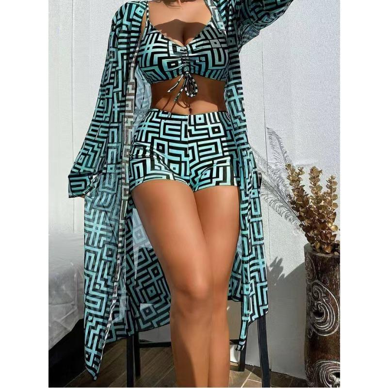 Новый европейский и американский женский раздельный купальник, блузка, трехкомпонентный, собирающий, пляжный, с высокой талией, бикини