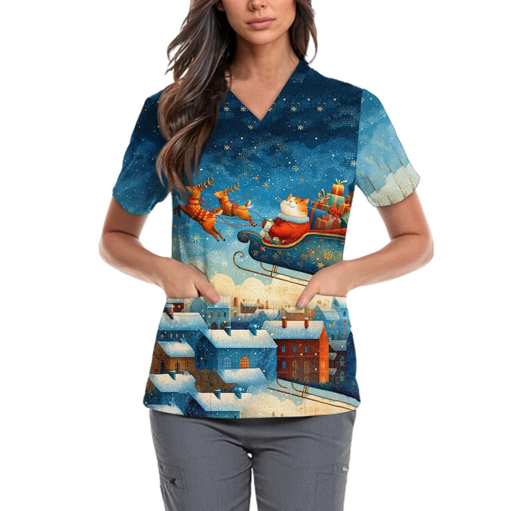 Женская милая блузка с принтом бантиков, рабочая одежда, V-образный вырез, двойной слой, карманы, базовая, с коротким рукавом, пуловер