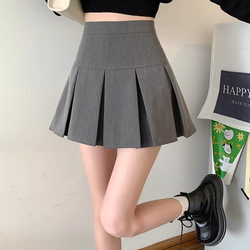 2024 Autumn Korean Style High-Waisted Pleated A-Line Skirt with Zipper