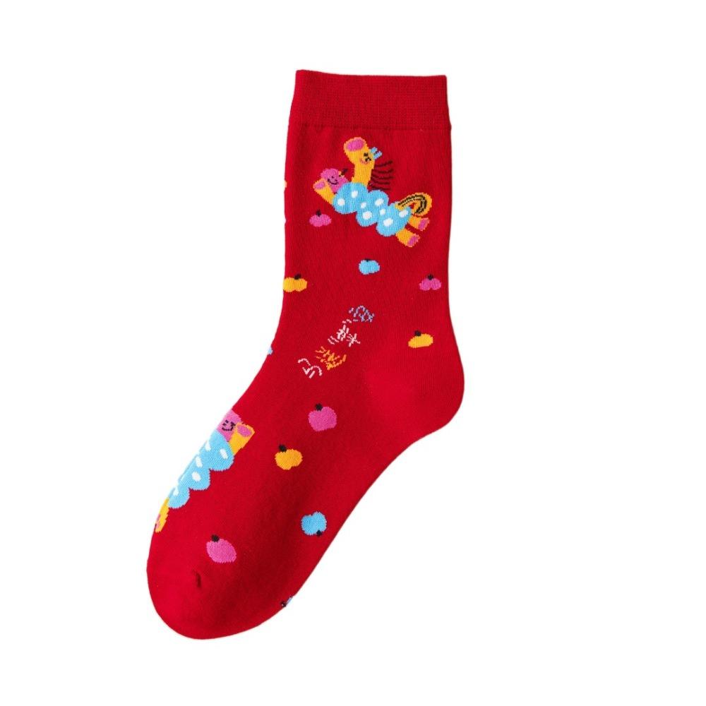 Cartoon Horse Red Socks Cotton Women Horse Tube Socks Breathable New Year Red Socks  Streetwear