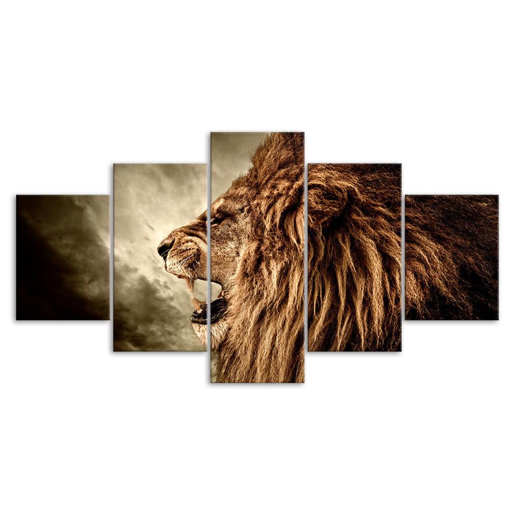 Lion Roaring Wildlife Animal 5 Piece Five Panel Wall Canvas Print Modern Art Poster Home Decor Gift For Him For Her