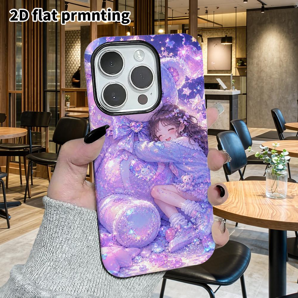 Phone Case: 2D flat design suitable for iPhone 18, 17, 16, 15, 14, 13 Pro film protective case, couple style, giant bear and girl, Christmas and Hallo