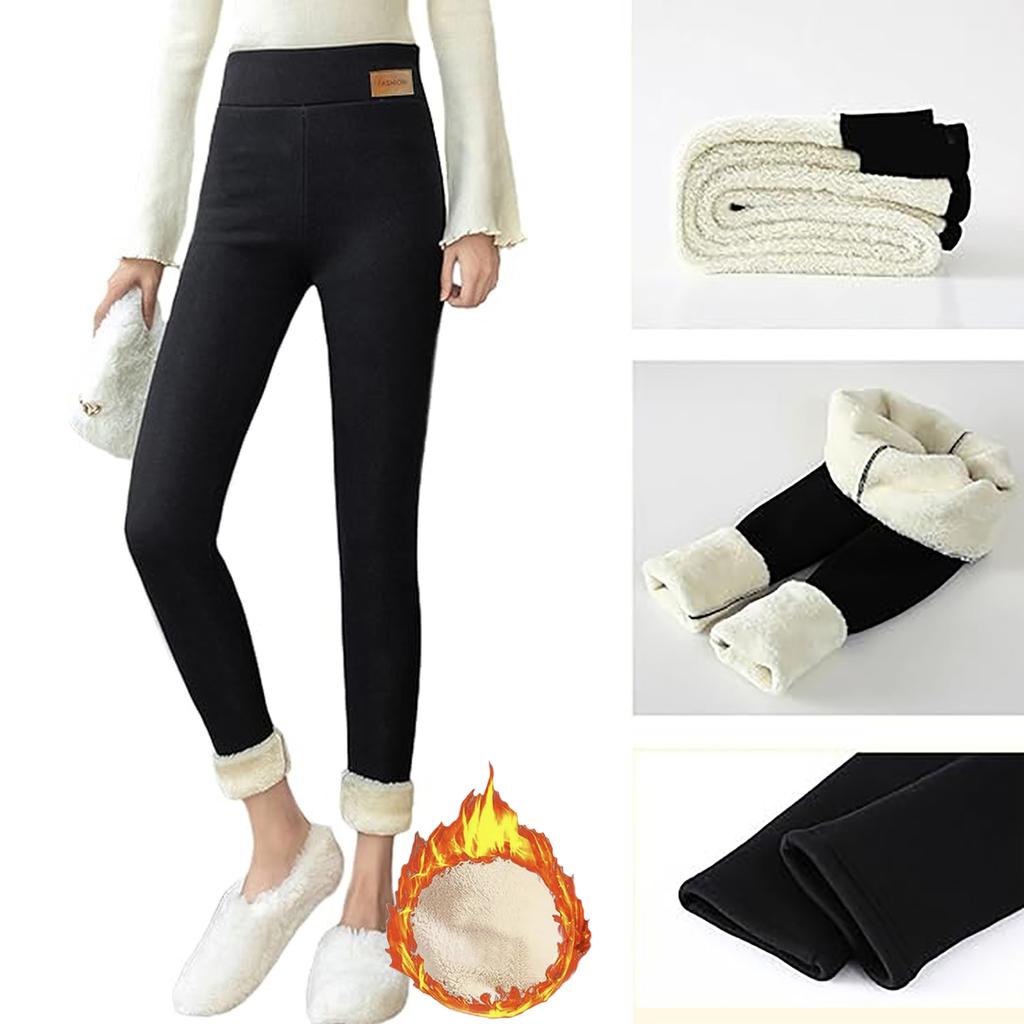 Fleece Lined Leggings Women - Thick Soft High Waisted Black Tummy Control Thermal Warm Velvet Pants for Cold Winter