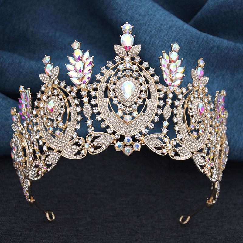 AB Crystal Pageant Miss Bridal Crown Vintage Baroque Rhinestone Big Tiara Wedding Headdress for Party Jewelry Hair Accessories