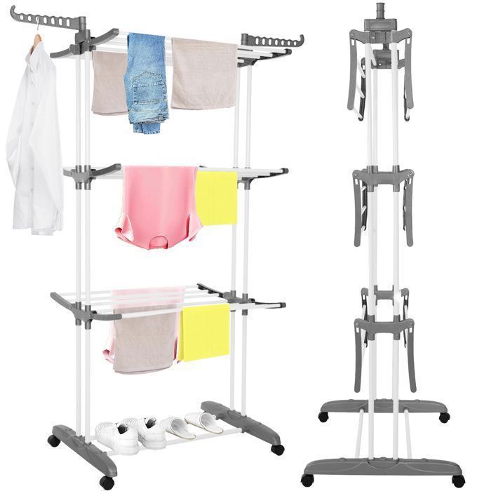 Séchoir à linge sur roulettes - SPRINGOS - 4 niveaux - Ailes pliables - Capacité 15 kg - Design compact