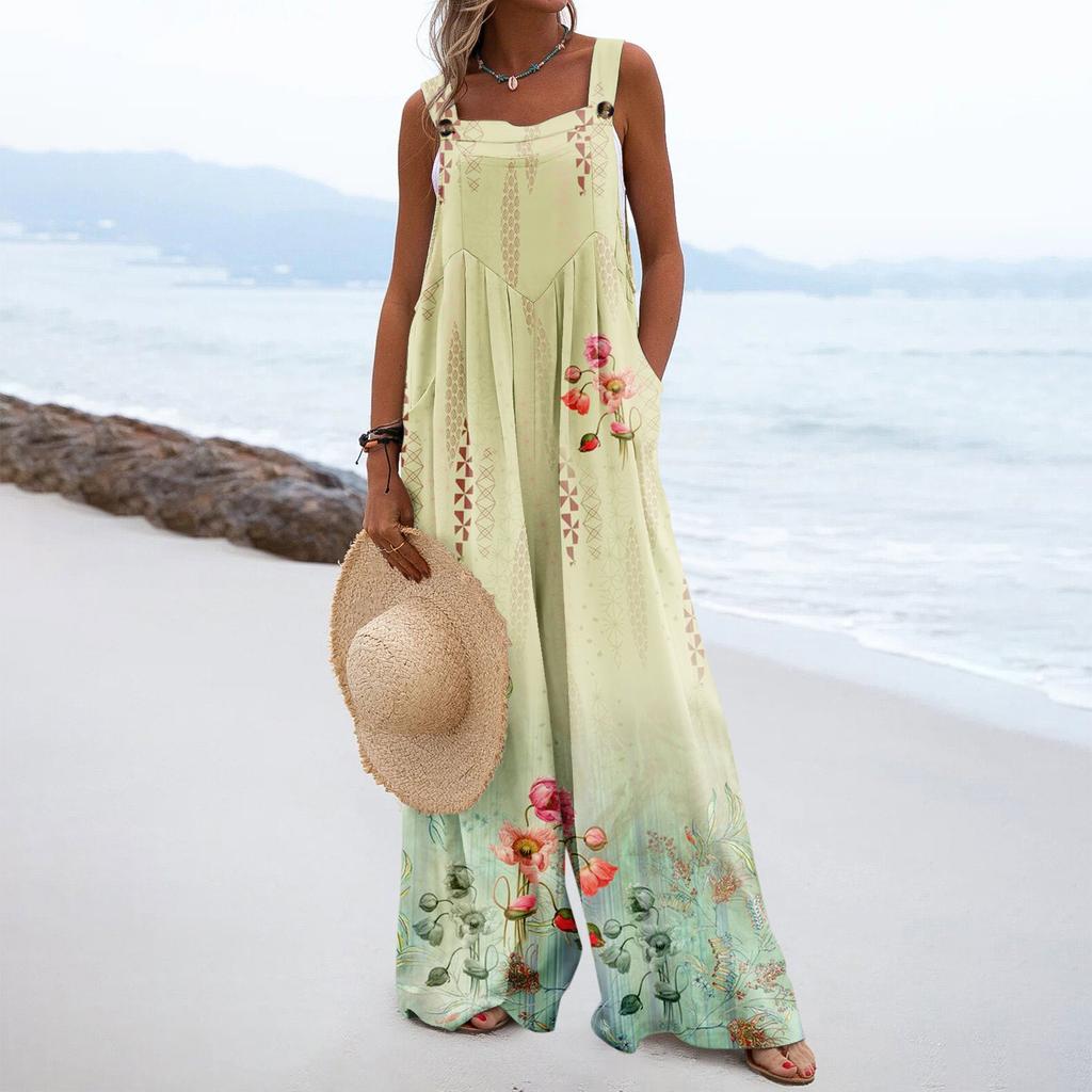 Женские комбинезоны, повседневные комбинезоны с широкими штанинами и принтом, комбинезоны без рукавов с карманами, наряды