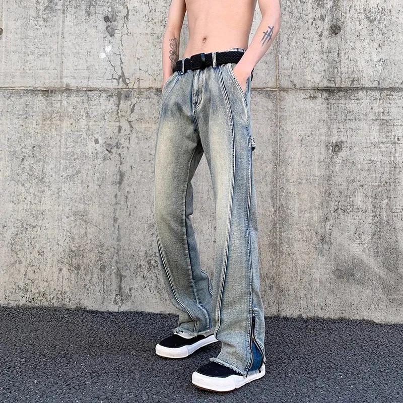Модные Джинсы Bootcut с Боковым Разрезом на Молнии Мужская Одежда Джинсовые Брюки Карго с Высокой Талией Широкие Штаны Деним Нога Ретро Стирка Уличная Одежда Брюки