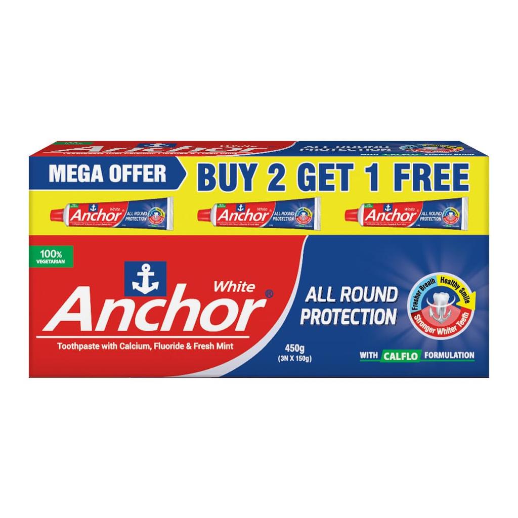 Зубная паста Anchor All Round Protection Белая 450 г (150 г х 3) с бесплатной премиальной зубной щеткой | CALFLO Формула с кальцием и фтором для более крепких и белых
