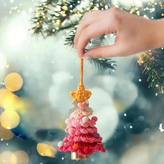 Knitted Christmas Tree Ornaments Mini Crochet Christmas Tree Hanging Pendant with Gold Jingle Bell for Holiday Home Party Decoration