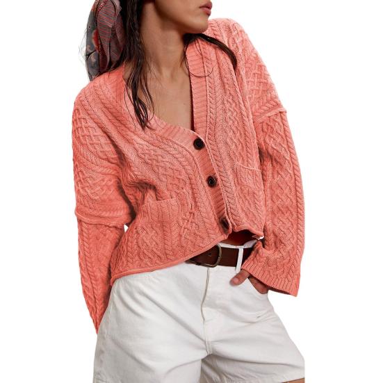 Women Sweater Coat V-Neck Long Sleeve Buttons Closure Cardigan Jacket with Pockets Solid Color Twist Texture Knitting Coat