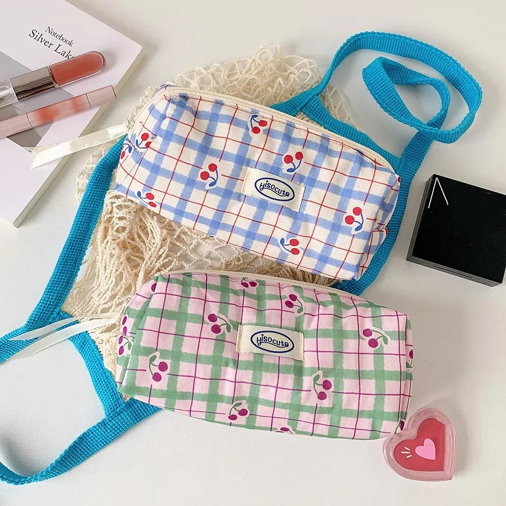 Large Capacity Korean Pencil Bag Checkered Cartoon Cherry Makeup Bag Office Supplies