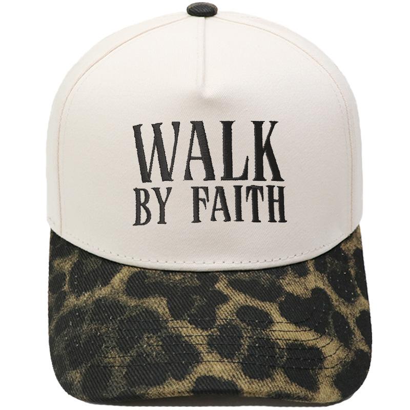 WALK BY FAITH Truck driver hat embroidered retro leopard print color matching baseball cap for men and women casual