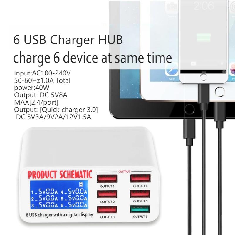 USB-зарядное устройство 8A QC3.0 с ЖК-дисплеем, 6-портовое настольное зарядное устройство для мобильных телефонов, Умная быстрая зарядка для смартфонов и планшетов