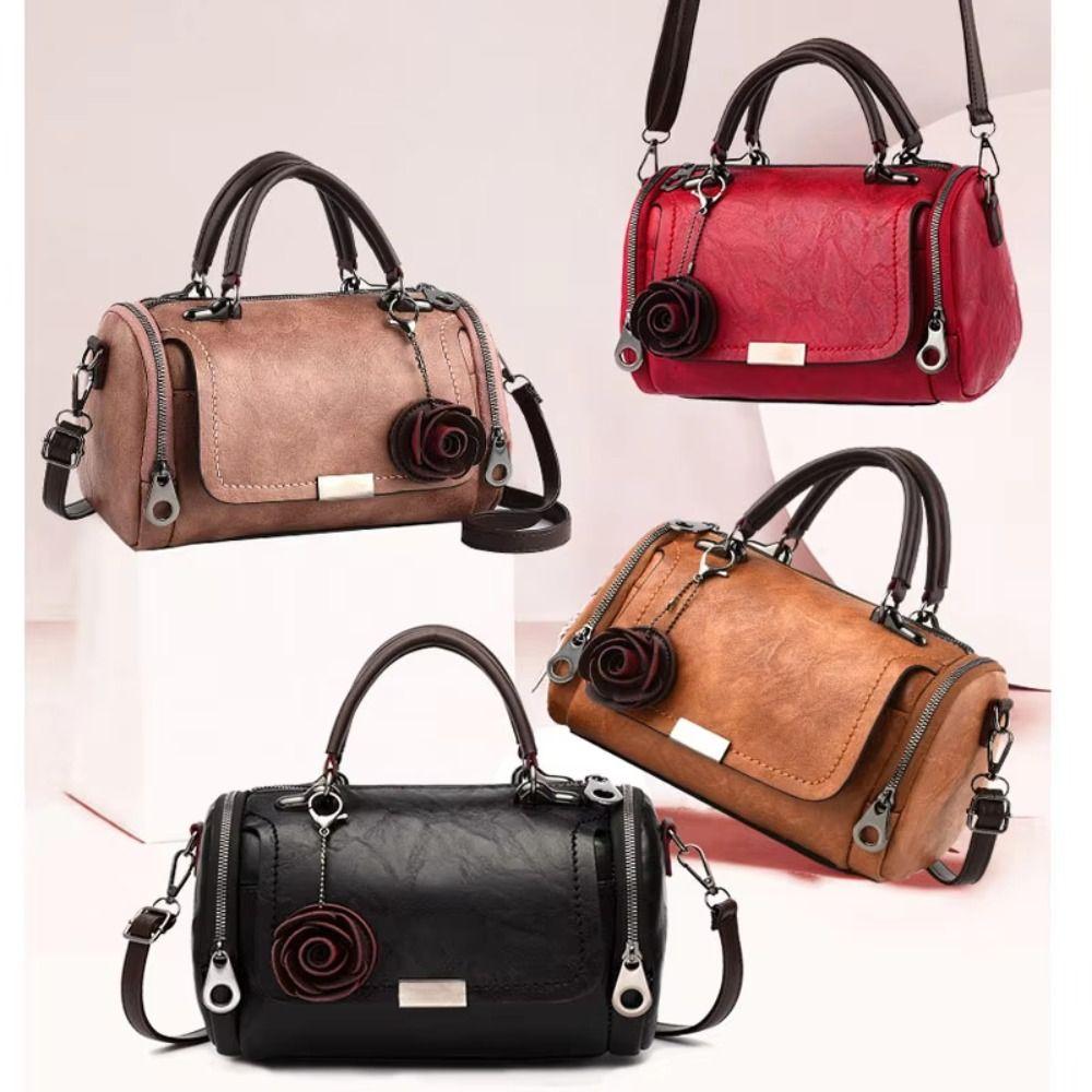 New Style PU Leather Shoulder Bag Solid Color Small Flower Pendant Leather Handbag Straddle Bag Women Use