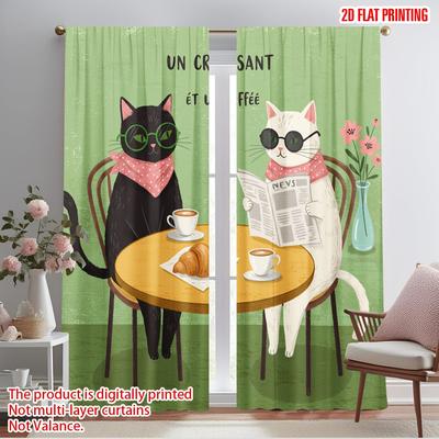 2 шт. 2D плоская печать Занавески для окон Милые кошки Круассан Кафе Ткань Без электричества Праздничные занавески Идеально подходят для общего