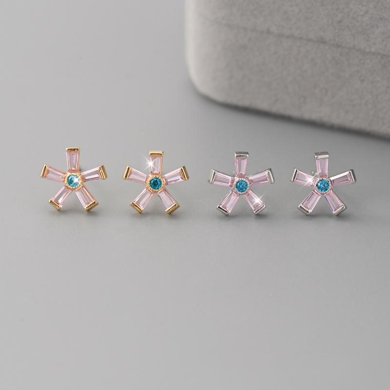 Real 925 Sterling Silver Sweet Pink Flowers Stud Earrings For Women Pave Setting CZ Fine Jewelry Gift
