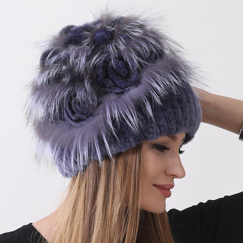 Цветочная меховая шапка из кролика Зимняя женская модная стильная теплая шапка из натурального меха