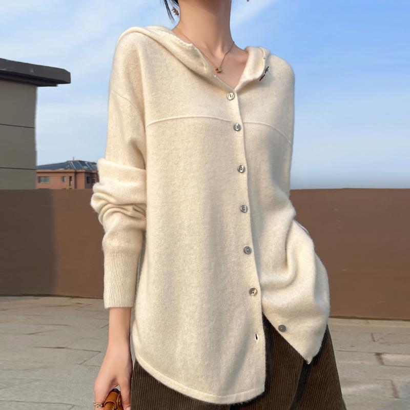 Pure Wool Women's Autumn/Winter 2024 Round Neck Hooded Button-Up Knit Cardigan Sweater Coat